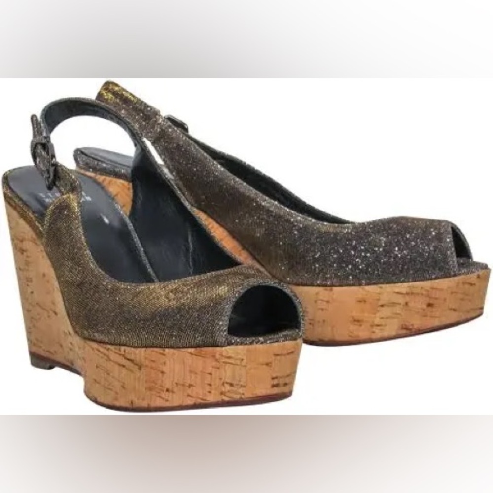 Stuart Weitzman Sparkly Silver/Gold Glitter “Jean” Wedges 7.5 M